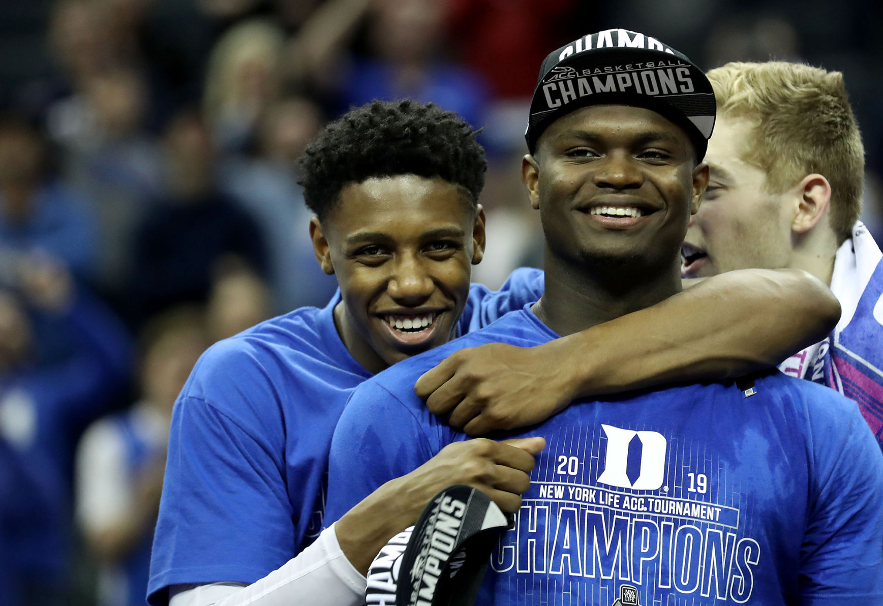 Duke eammates RJ Barrett, left, and Zion Williamson react after defeating Florida State in the championship game of the ACC Tournament at Spectrum Center in Charlotte, N.C., on March 16, 2019. **FOR USE WITH THIS STORY ONLY**
